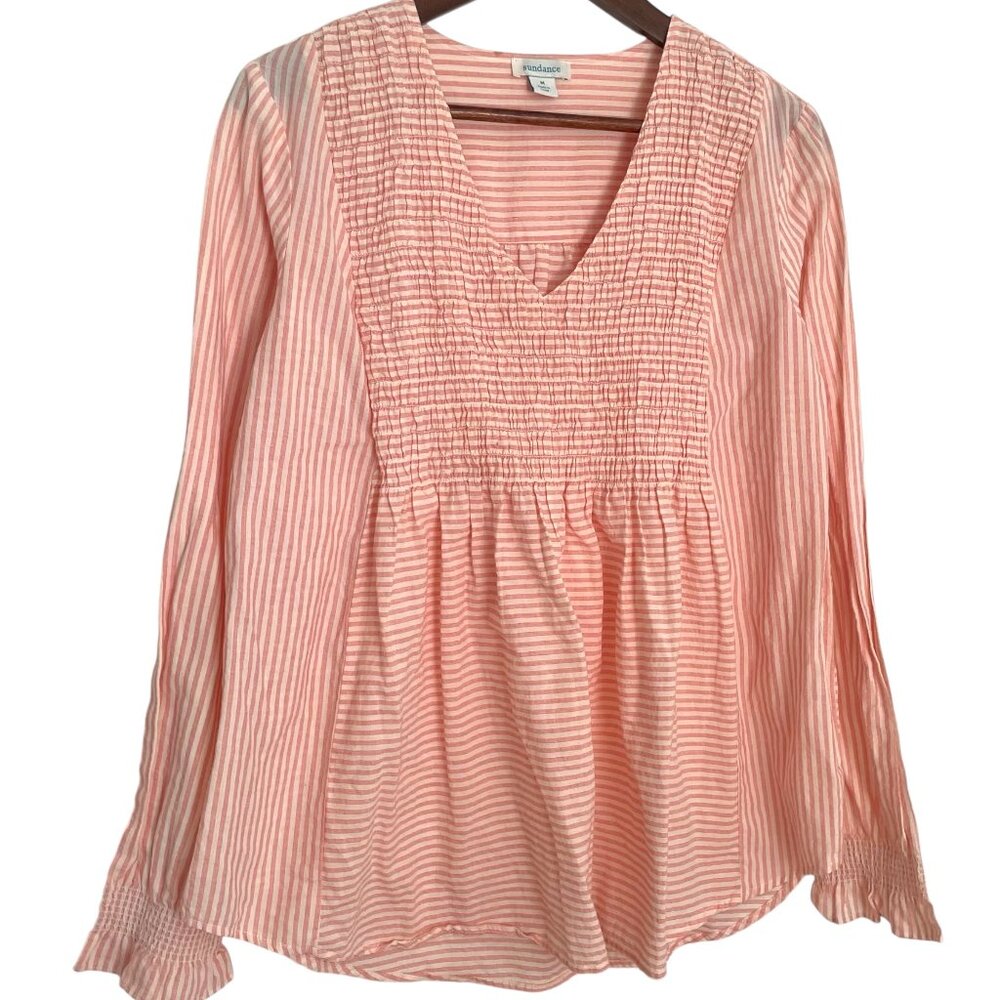 Sundance The Julia Smocked Tunic Top Medium M Red White Striped Popover Shirt